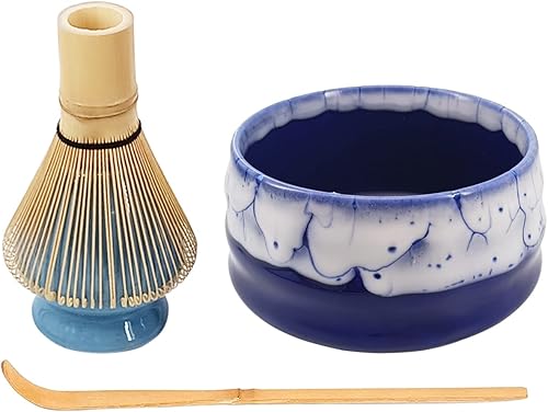 Juego de té matcha japonés, juego único de matcha, batidor de matcha azul y soporte de batidor azul, cuchara de té tradicional, el juego de inicio