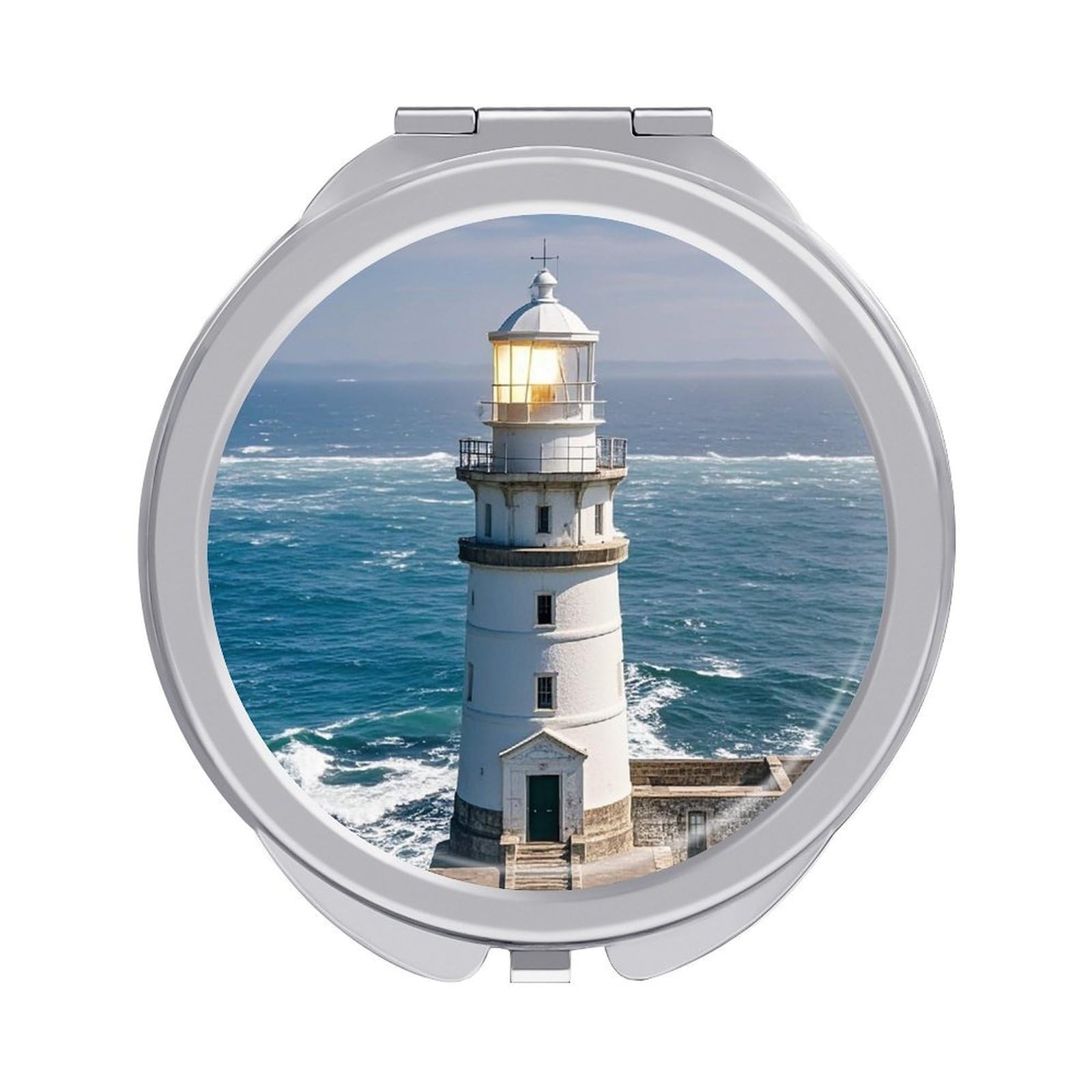 FekiLoot Lighthouse Sandbeach Travel Makeup Mirror for Women Folding Portable Hand Compact Mirrors Small Round Vanity Mirror 1X/2X Magnifying Metal Pocket Makeup Mirrors