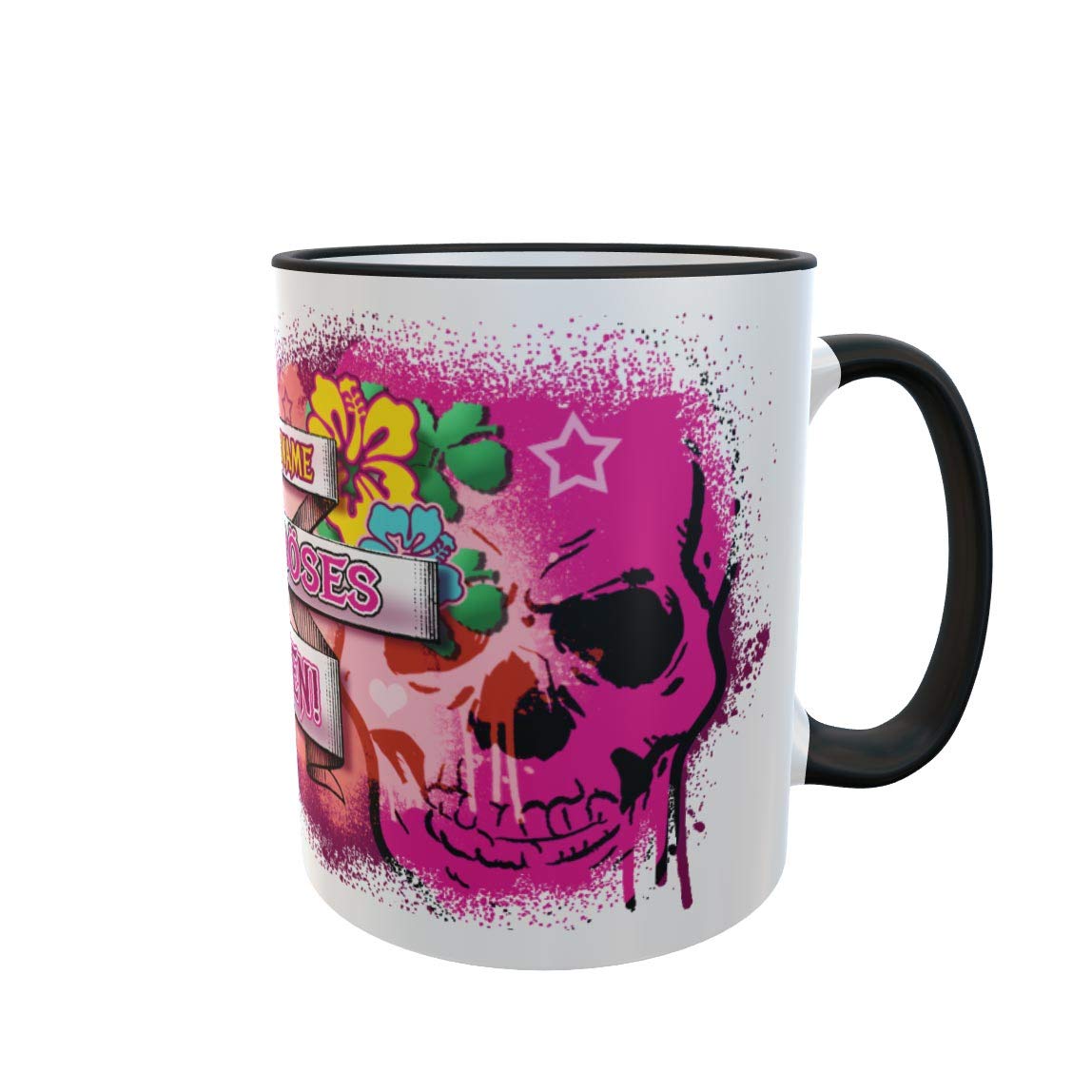 individuell personalisierbare Tasse mit schrillem Totenkopf Spruch Motiv für Frauen und Mädchen, provokante auffällige Spruchtasse, 330ml Fassungsvermögen, von Hand bedruckt