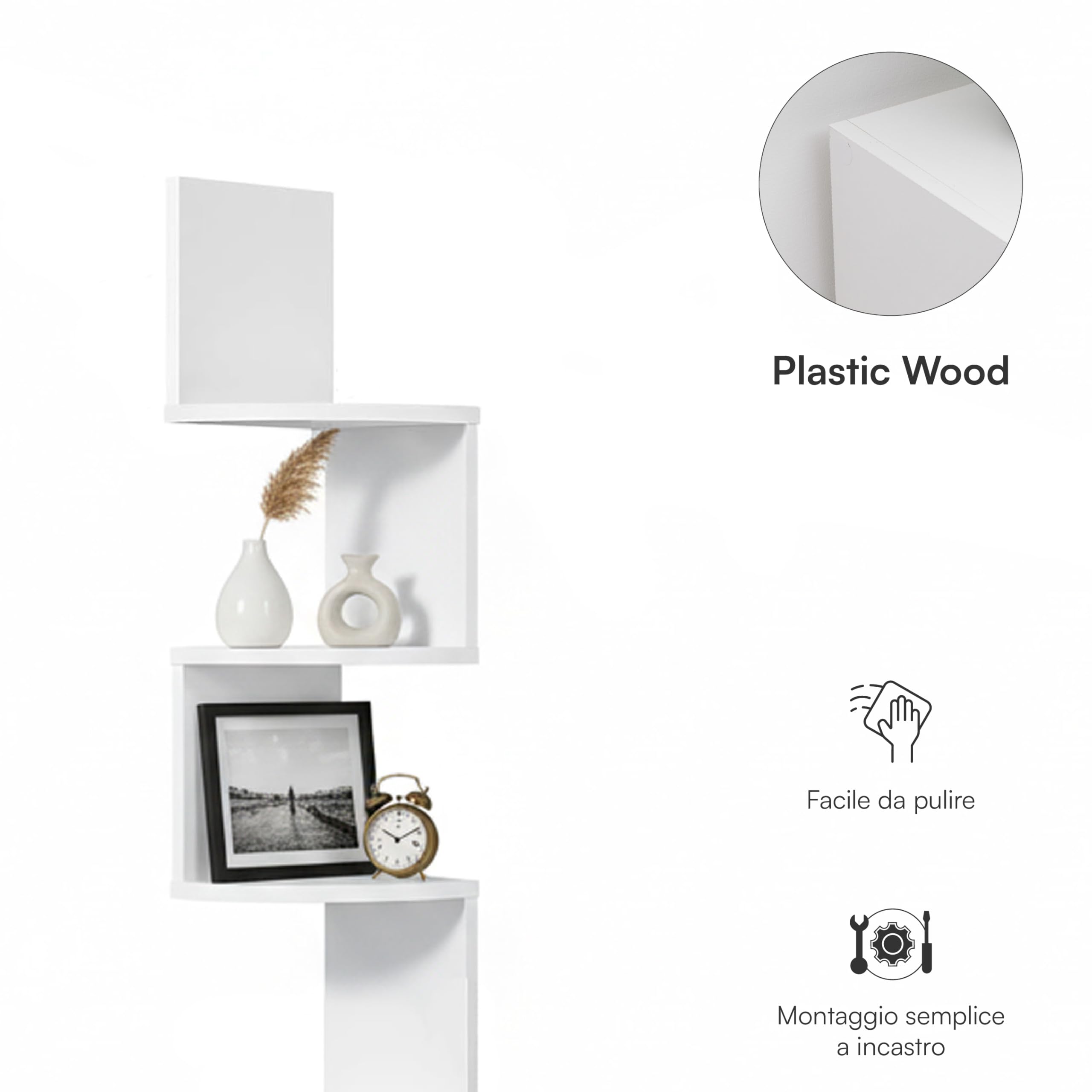 Baroni Home Libreria Angolare da Parete, Scaffale Salvaspazio con 5 Ripiani, in Plastic Wood, Libreria Bianca Design Moderno, Montaggio ad Incastro, 20x20x126 cm Bianco