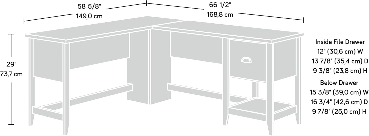 Dimensional drawing of the Sauder Summit Station L-Shaped Desk