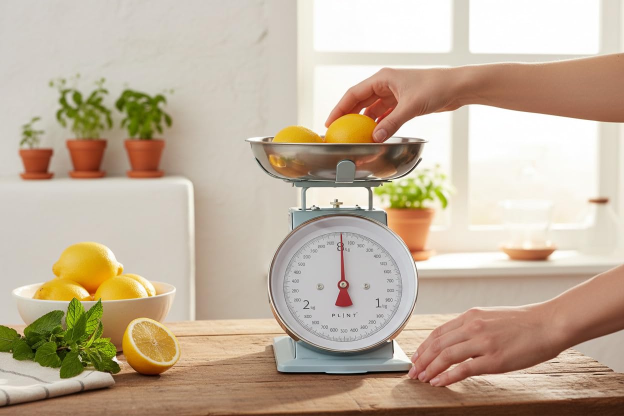 LS-LebenStil Vintage Küchenwaage Retro Blau Manuelle Analoge Backwaage großes Ziffernblatt mit 1L Edelstahl Schüssel ohne Batterie/Strom Küche Waage