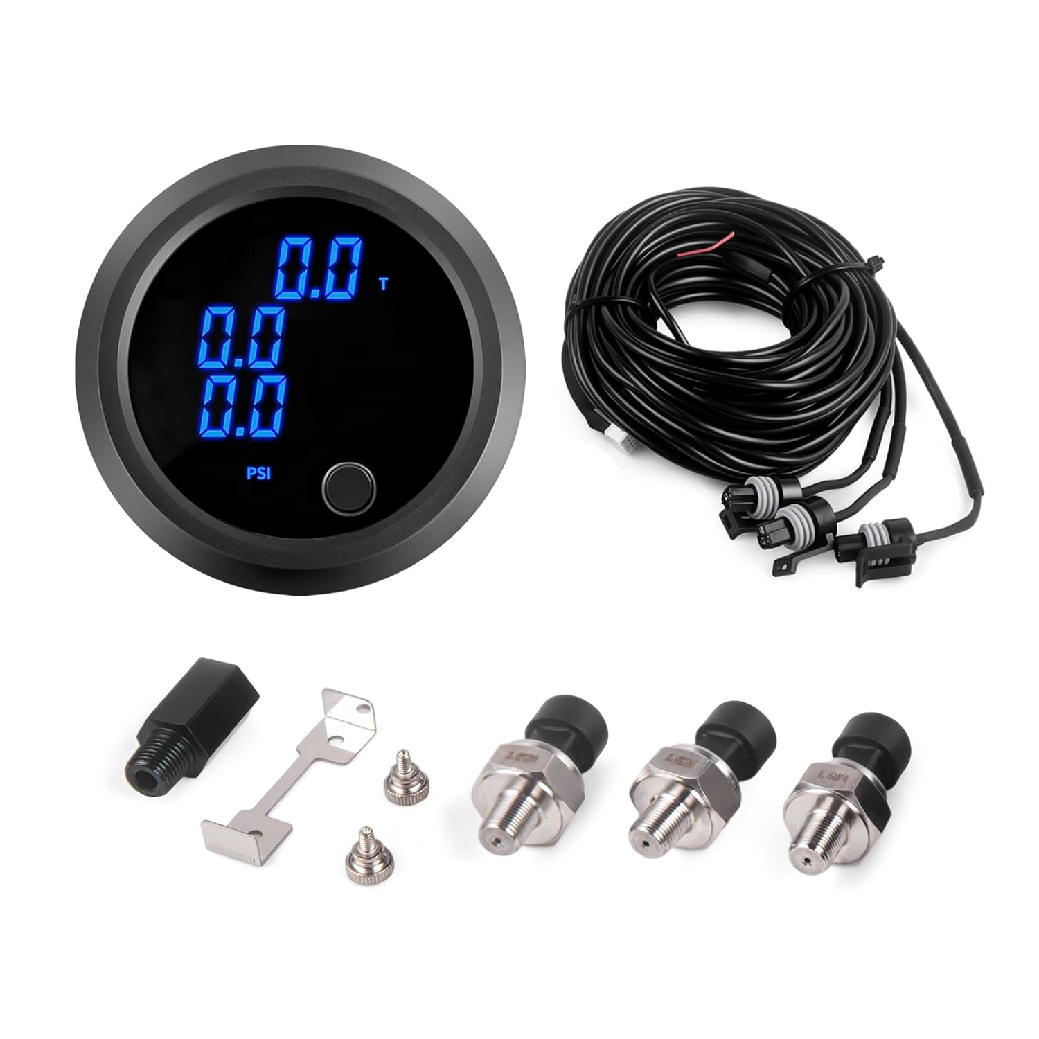 Air Bag Pressure Gauge Three Digital Display 0-232PSI (16BAR) for Air Ride Suspension System with 3PCS 1/8NPT Electrical Sensors with 1/8NPT to 1/4NPT Fitting 2-1/16" (52mm) Blue LED