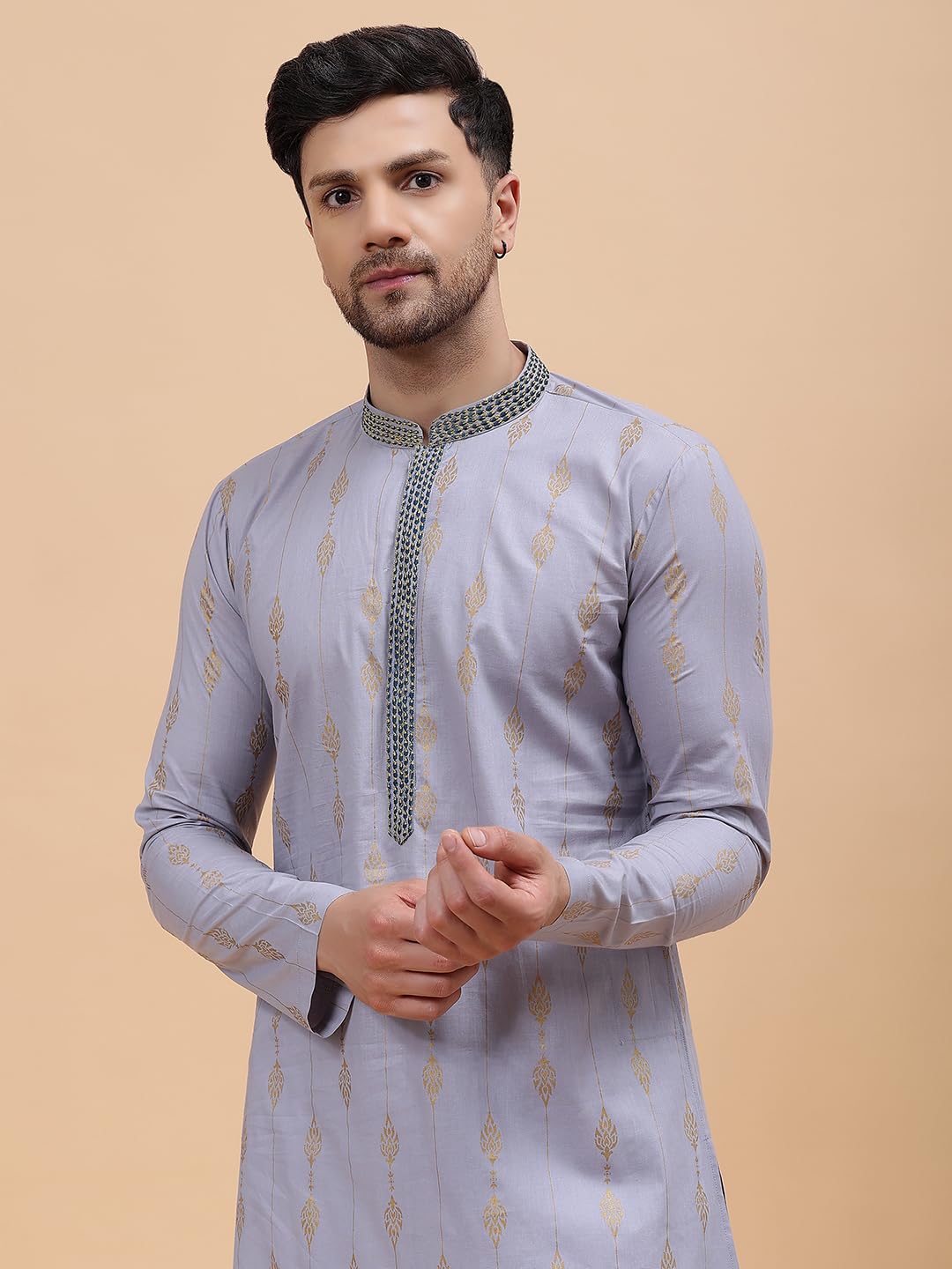 See Designs Grey & White Cotton Regular Fit Embroidered Kurta Set Mandarin Collar Long Sleeves_Sdekt127301M