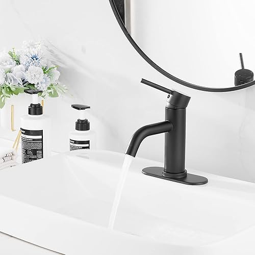 Miniatura 7 de Grifo de baño negro mate GGStudy de una sola manija de un agujero negro grifo de lavabo de baño a juego con desbordamiento grifo de baño Vantity