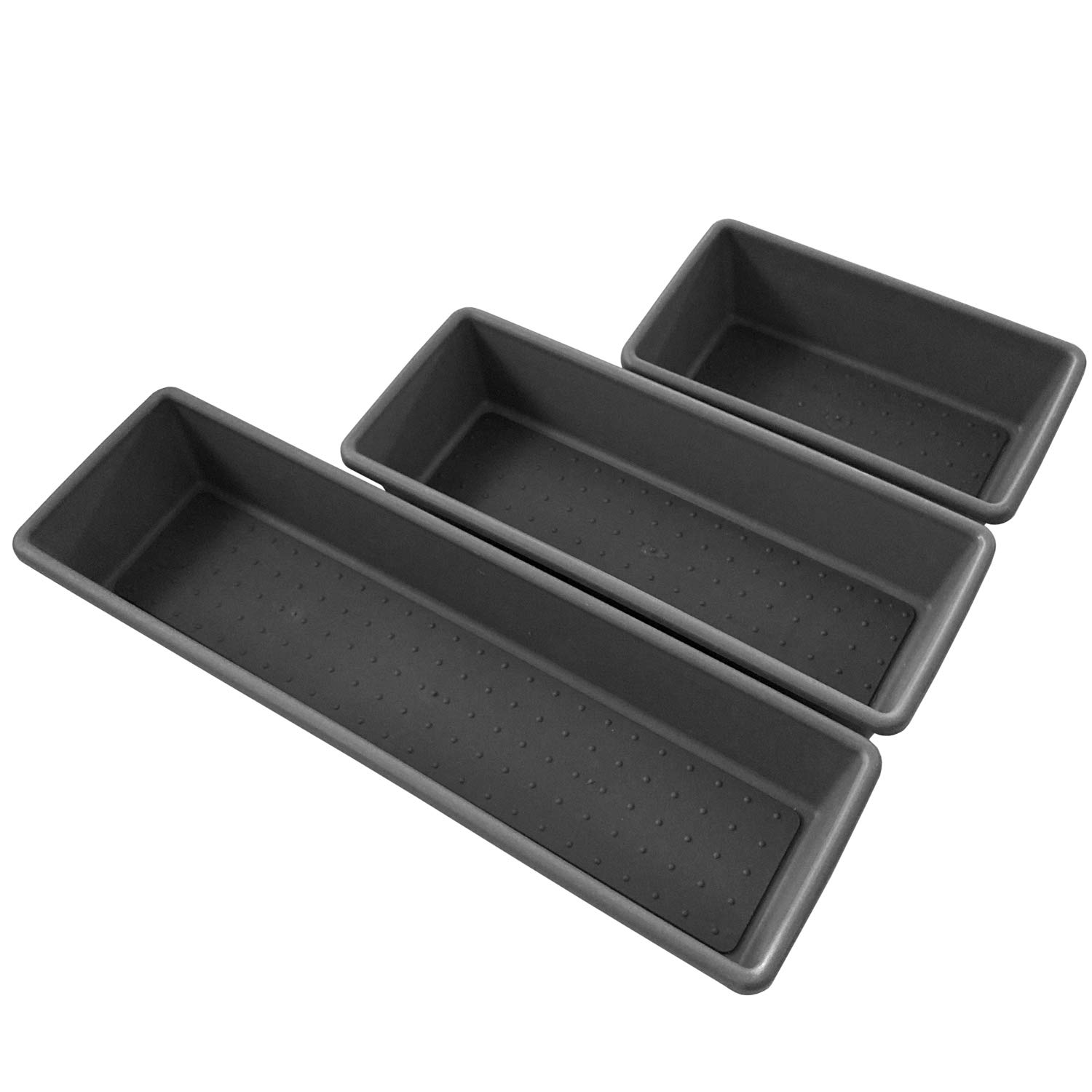 edge Tray Bins 3 Pack Multi Use Storage for Kitchen Darwers, Office and Bathroom Non-Slip Durable Rubber Lining, Charcoal - Small