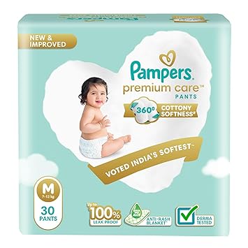 Pampers Premium Care Pant Style Baby Diapers, Medium (M size), 30 Count, 7-12kg, All-in-1 with 360 Cottony Softness Diapers - image, photos