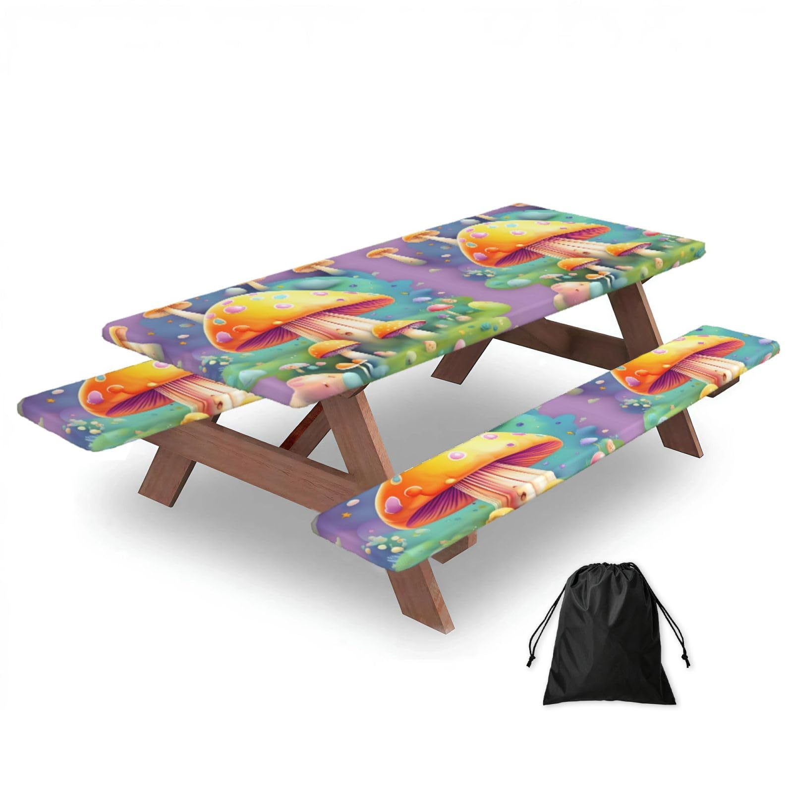 Erwqavc Black Fantasy Dream Mushroom Print Picnic Table Cover & Bench Covers 3-Pack Set, Elastic Tablecloths For 6 Ft Rectangle Tables