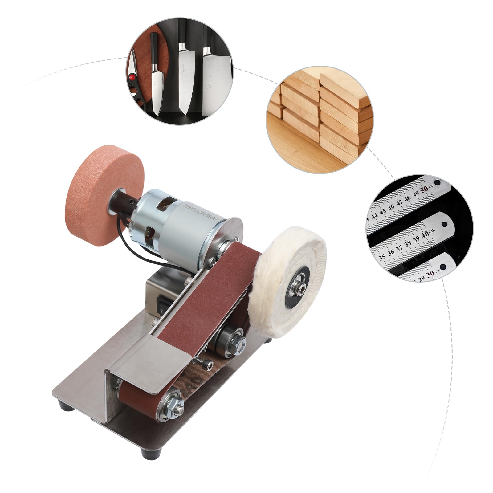 Mini lijadora de banda y mini pulidora eléctrica, pulidora y pulidora, taller y bricolaje, nivel 7, ajustable para metal, madera y plástico, incluye baños de lijado y disco de lijado
