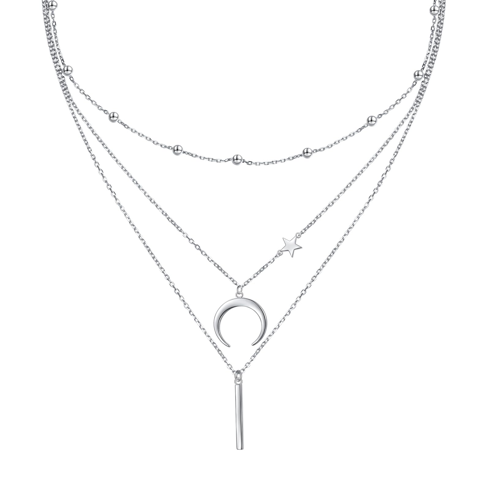 Collane a strati da donna in argento Sterling 925 multistrato collana con ciondolo a forma di stella a mezzaluna bar per donne collana lunga gioielli da donna, Argento sterling