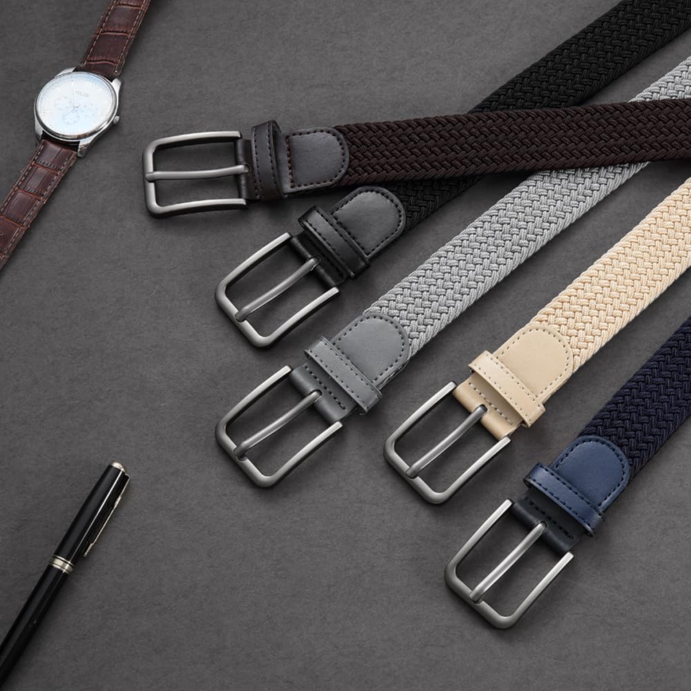 DOOPAI Elastic Braided Belt for Men 2 Pack, Stretch Woven Belt, casual Fabric Golf Belt, Black and Grey Belts Tight Performed Stretch Design Width 1 3/8