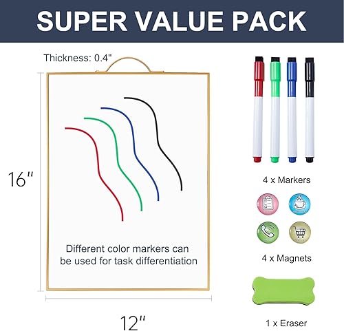 Miniatura 6 de Pizarra pequeña de borrado en seco, pizarra blanca portátil de 16 x 12 pulgadas, pizarra blanca colgante de doble cara para pared, mini pizarra