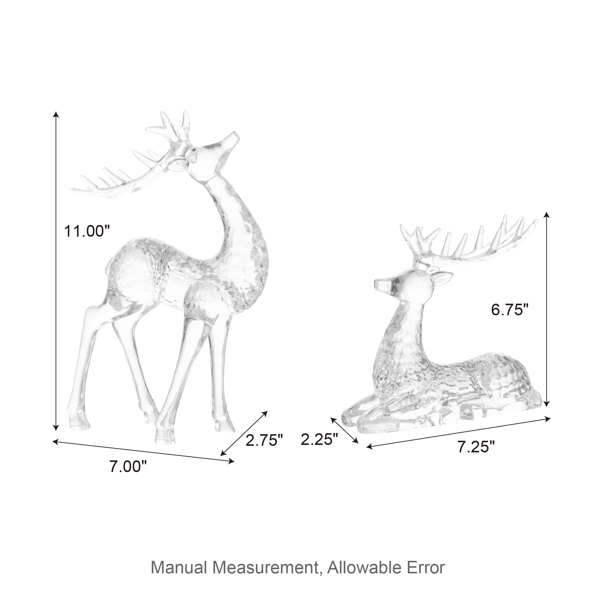 Glitzhome Lot de 2 figurines de renne de Noël transparentes de 27,9 cm debout et de 17,14 cm couché, statues de cerf d'hiver pour cheminée, centre de table, décoration d'intérieur