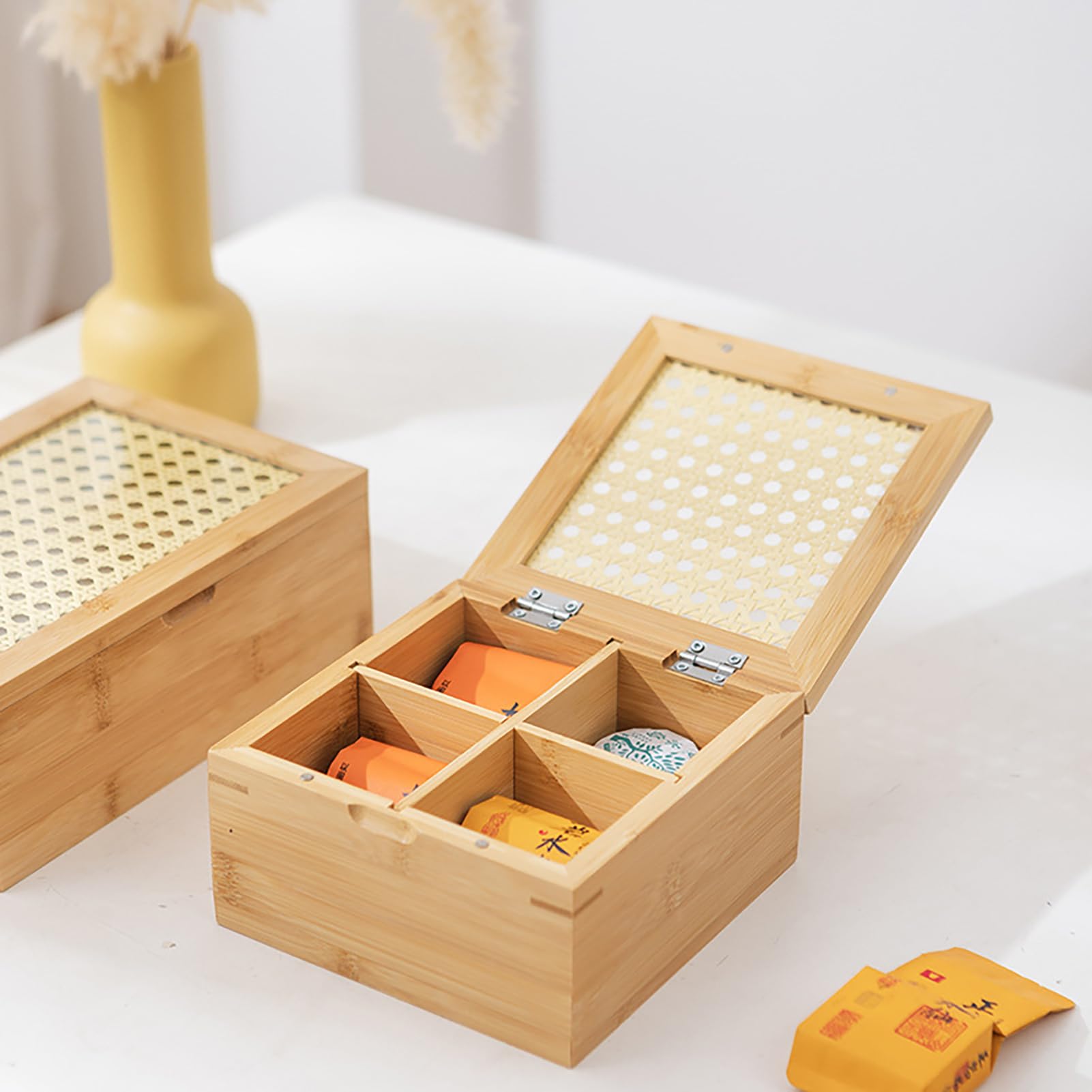 Bamboos Caja de té Organizadora, Cofre de té de Madera con Ventana Transparente, Caja de Almacenamiento de té con Cajón, Contenedor de té de Madera, Acabado de Madera,