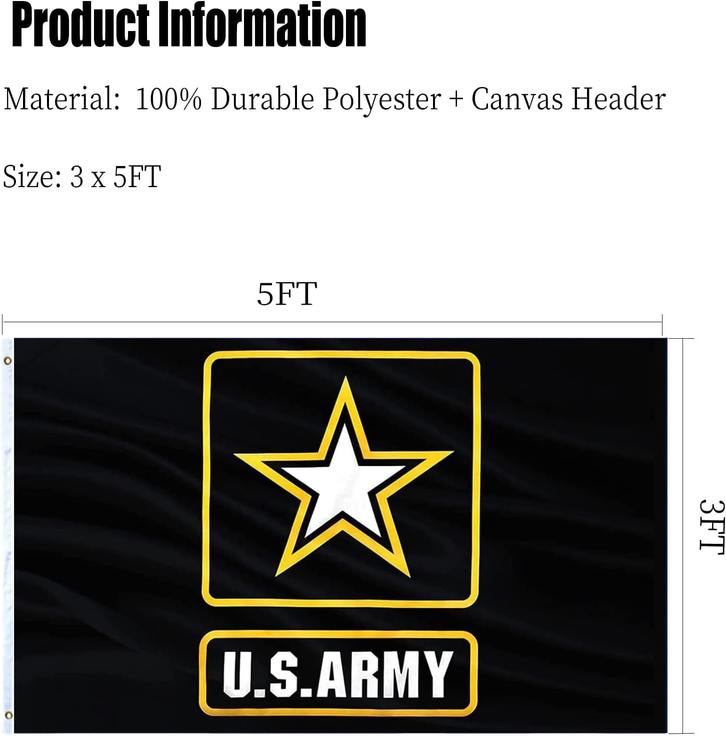 Embroidered US Army Military Flag 3x5 Double Sided Heavy Duty United States Military Flag Army Black Heavy Duty 340D Polyester and Durable Canvas Header with 2 Brass Grommets