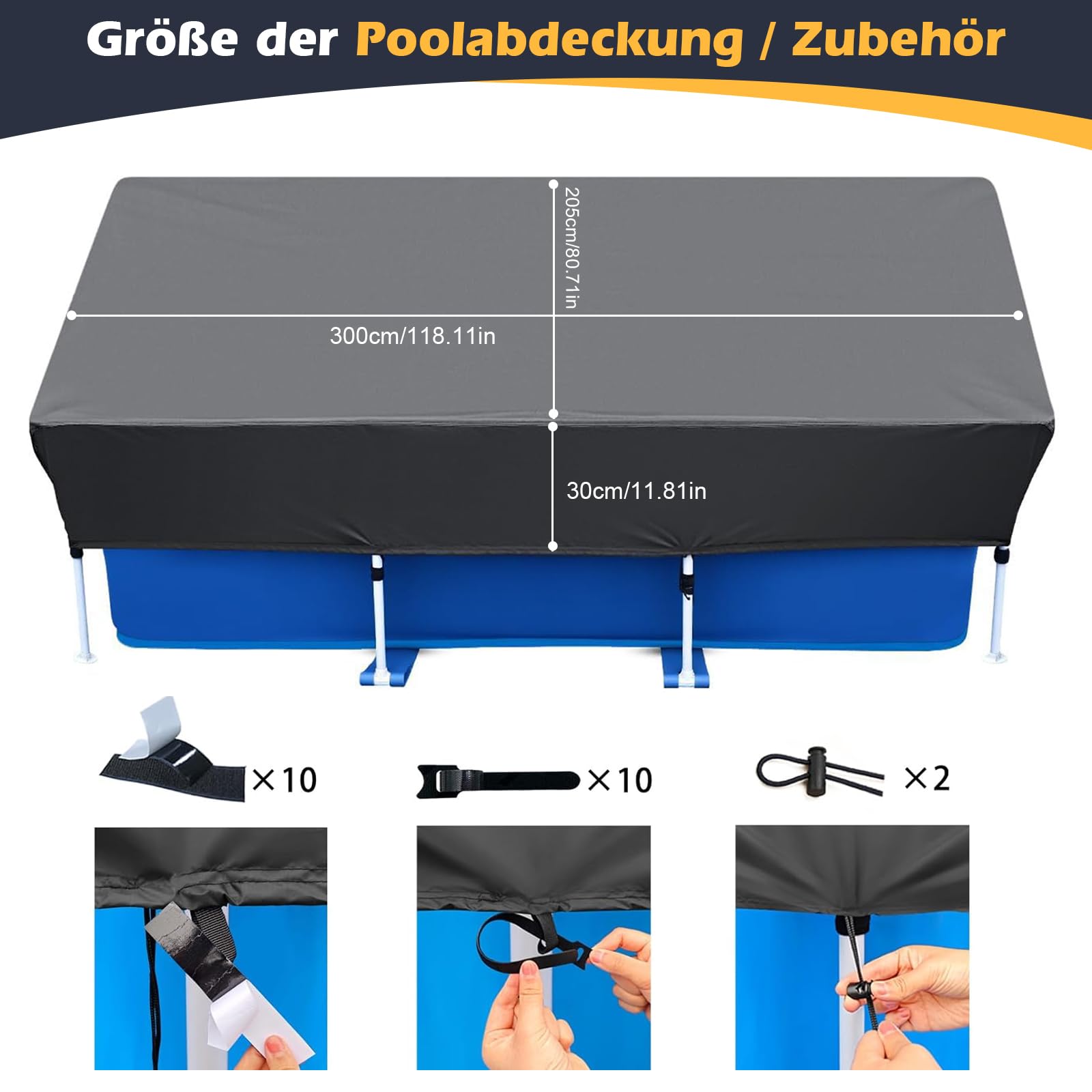 Bâche de piscine rectangulaire, avec cordons, pour piscine à cadre rectangulaire, étanche à la poussière, imperméable, protection UV, cadre de piscine, pour piscine hors-sol, 300 x 205 cm
