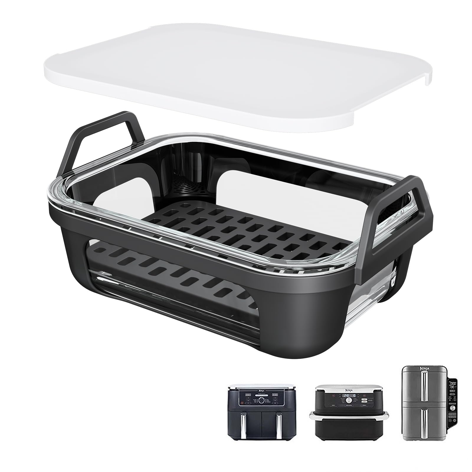 Glass Air Fryer Liner for Ninja Dual Basket Air Fryers DZ401 DZ550 SL401, Reusable Borosilicate Glass Bowl with Silicone Base Handles, Dishwasher Safe Reusable Accessory Set with Tray &amp; Lid