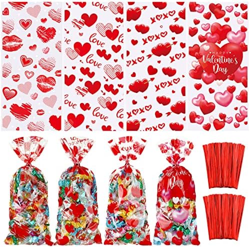 120 Pcs Valentines Day Treat Bags Valentines Favor Cello Plastic Candy Goodie Bag with 150 Red Twist Ties for Kids Valentines Day Party Favor
