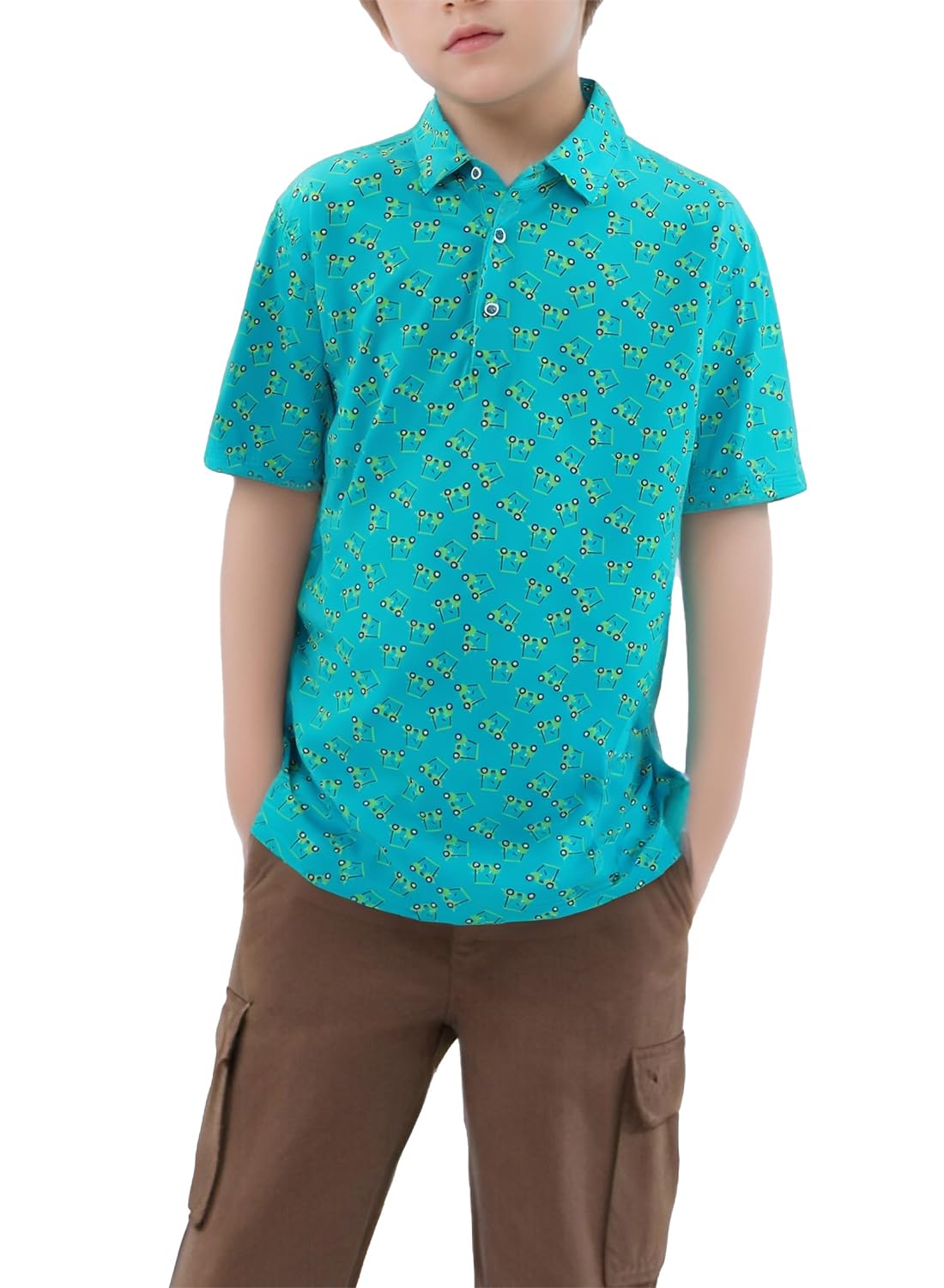 SELINK Golf Shirts for Boys Short Sleeve Dry Fit Moisture Wicking Polo Shirt Performance Sport Active Shirt Green Car-6-7Y