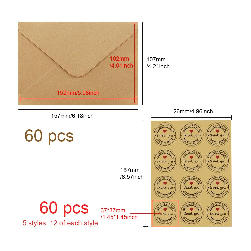 60 Buste Carta Kraft 10x15cm Con Adesivi - Per Inviti E Biglietti