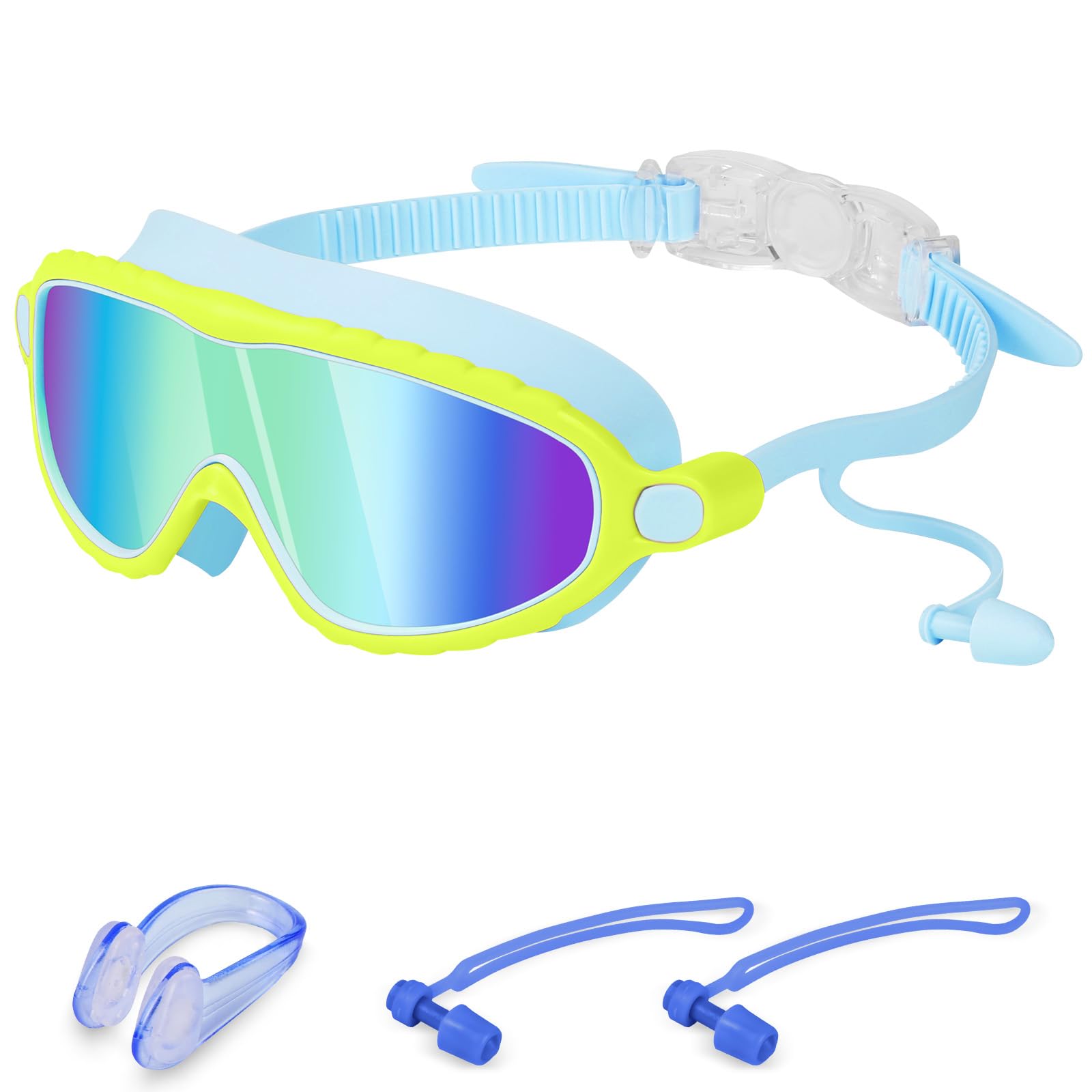 DiULi Kids Swimming Goggles with Ear Plugs & Nose Clip, Electroplated Anti-Fog Lenses, Soft Silicone Seal No Leaking Wide VisionSwimming Goggles for Boys & Girls,Yellow