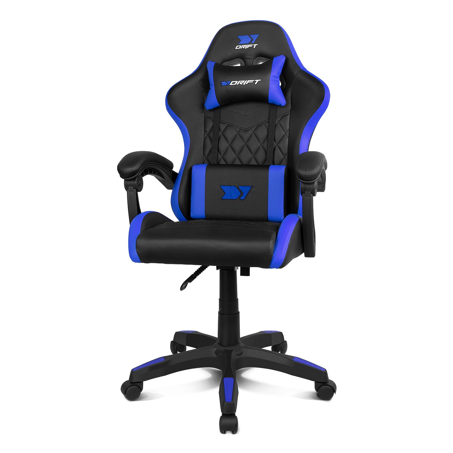 DRIFT GAMING DR35 - Professional Chair, Leatherette, Padded Armrests, Piston Class 3, Reinforced Nylon Base, Tilting Seat, Adjustable Height, Lumbar/Cervical Cushion, Black/Blue