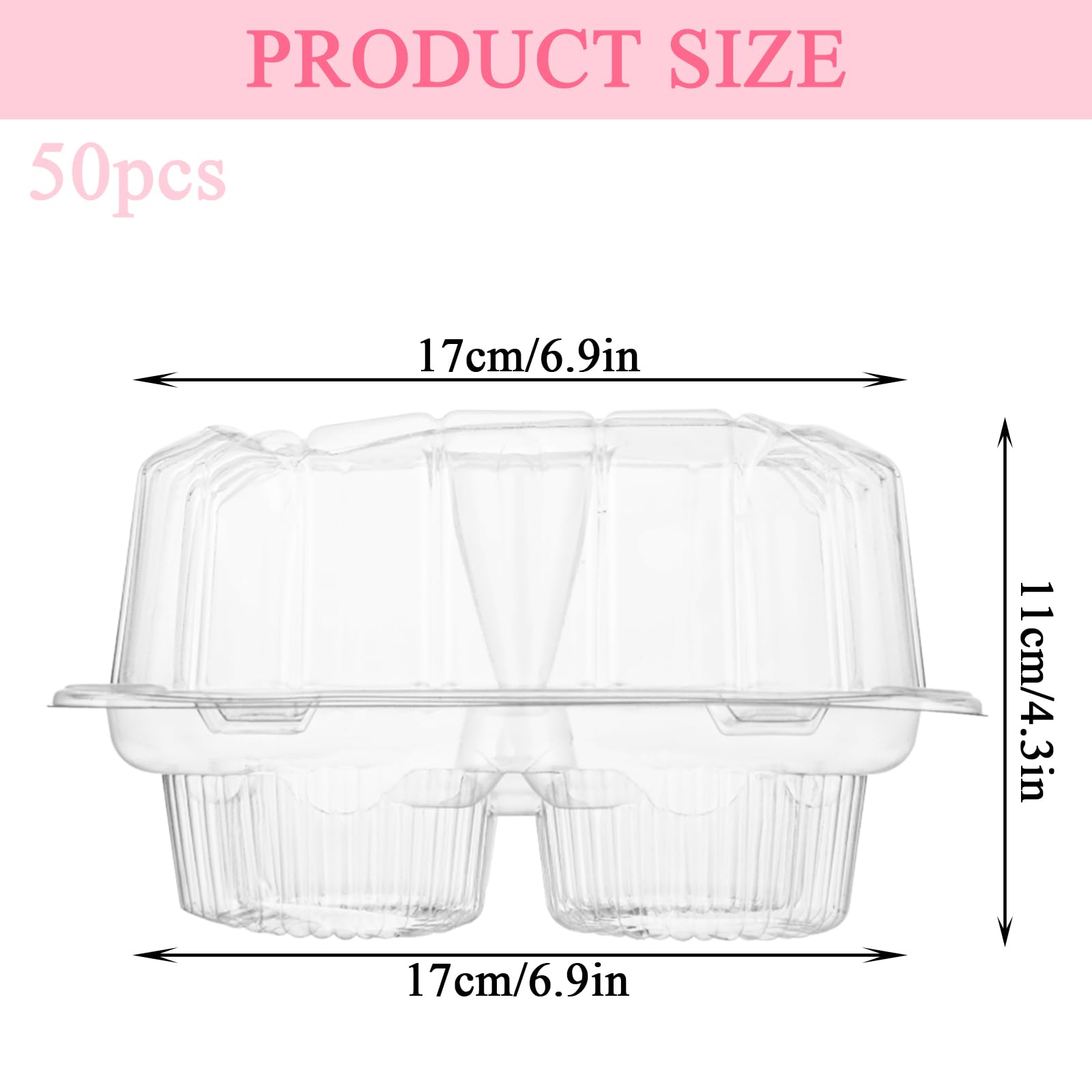 Lot de 50 boîtes à cupcakes empilables en plastique transparent à 4 compartiments, 17 x 17 x 12 cm de profondeur