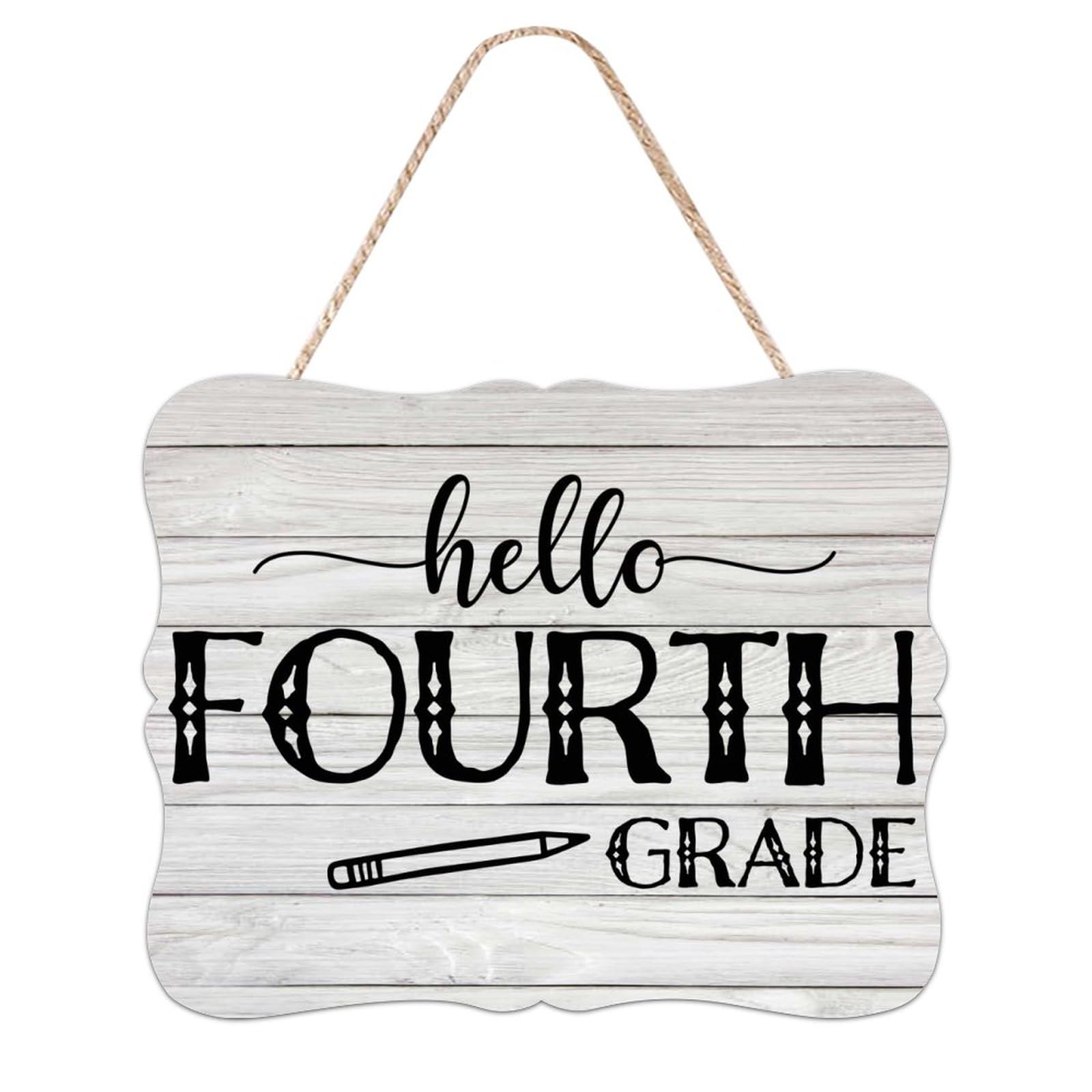 Hello Fourth Grade Decorative Wood Signs Farmhouse Hanging Wooden Sign for Living Room Bedroom School Home Decoration Wall Art Shabby Chic Wood Plaque 8x10in