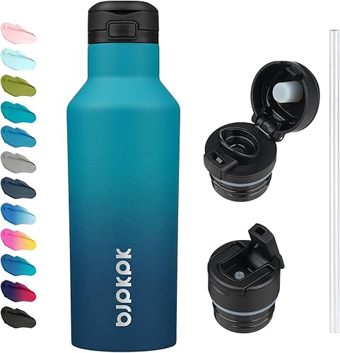 Miniatura 1 de BJPKPK Botella de agua aislada con pajilla, botellas de agua de acero inoxidable de 17 onzas con 2 tapas y asa de transporte, botella térmica de