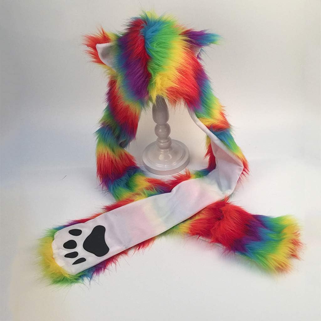 Women Scarf, 3 in 1 Women Girls Rainbow Plush Wolf Ears Animal Hat Hoodie Scarf Earfla Scarf