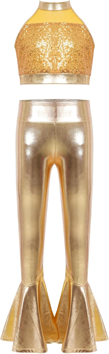 Kids Metallic Sequins Dance Outfits for Girls Competitions Jazz Dance Metallic Jazz Pants