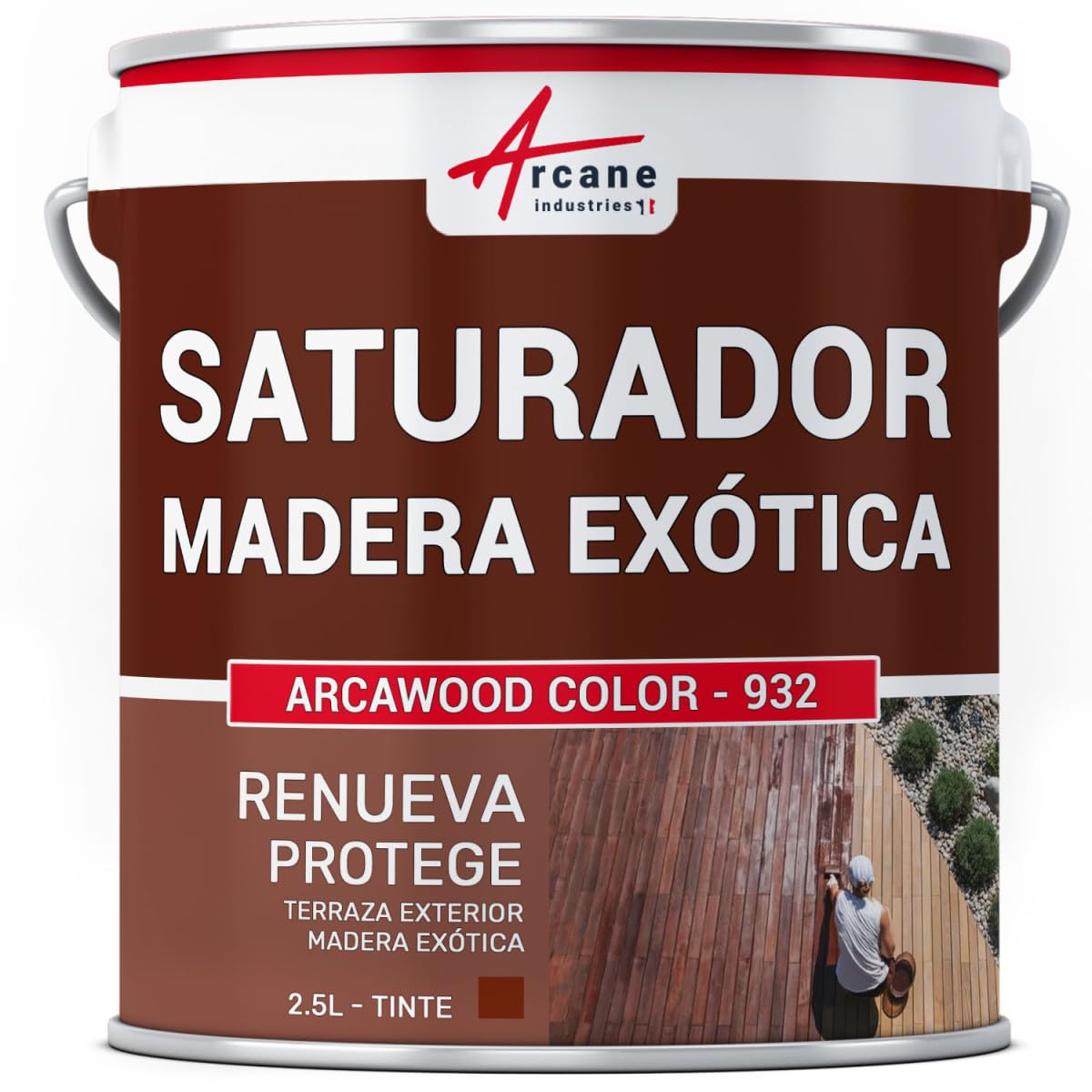 Saturador Madera Exótica Hidrófugo 2,5 L (hasta 12,5 m²) Caoba - Tinte Rojo | Hidrófugo para Terrazas y Madera Exótica, Nutre en Profundidad, Incoloro o Teñido, Resiste a los UV - Arcane Industries