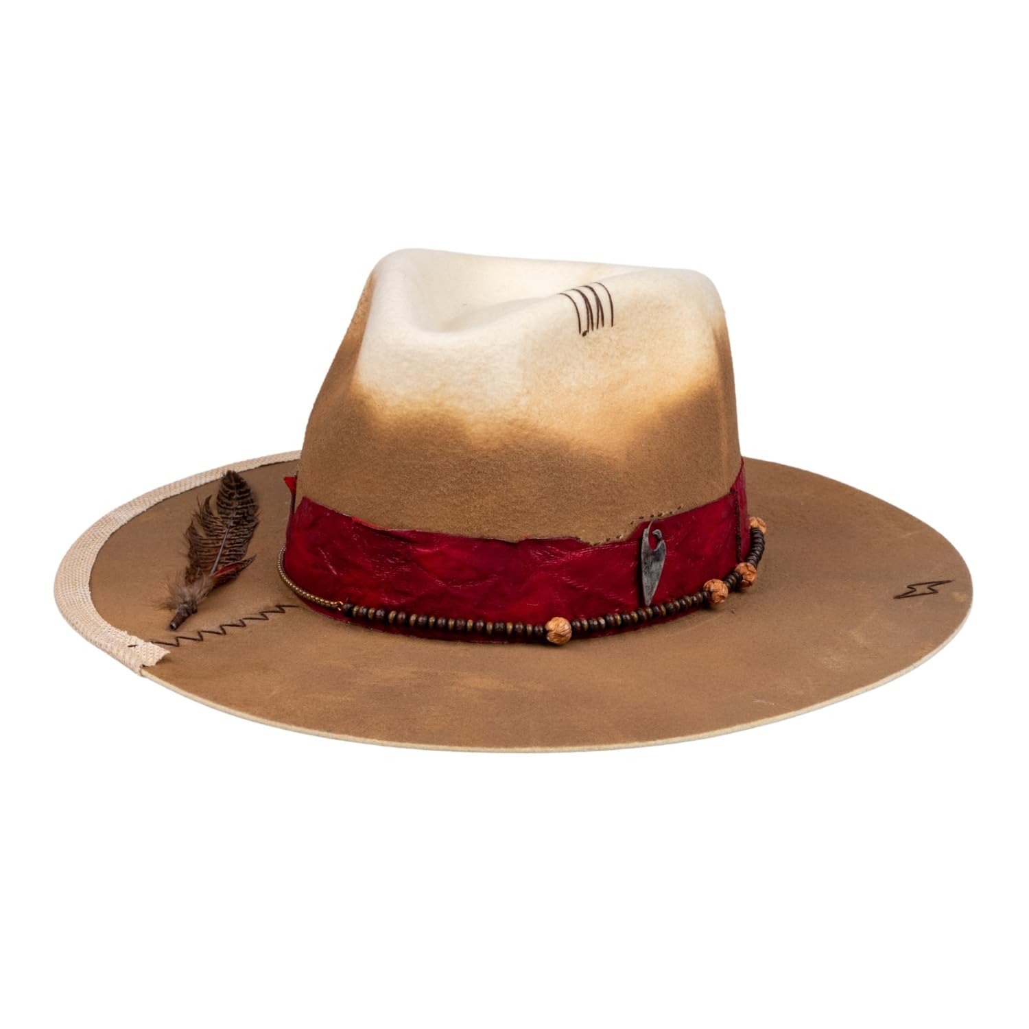 RUEDIGER Vintage Wide Brim Fedora Hats 100% Wool Stiff Felt Hat Rancher Hat with Lightning Logo Handmade Distressed/Burned
