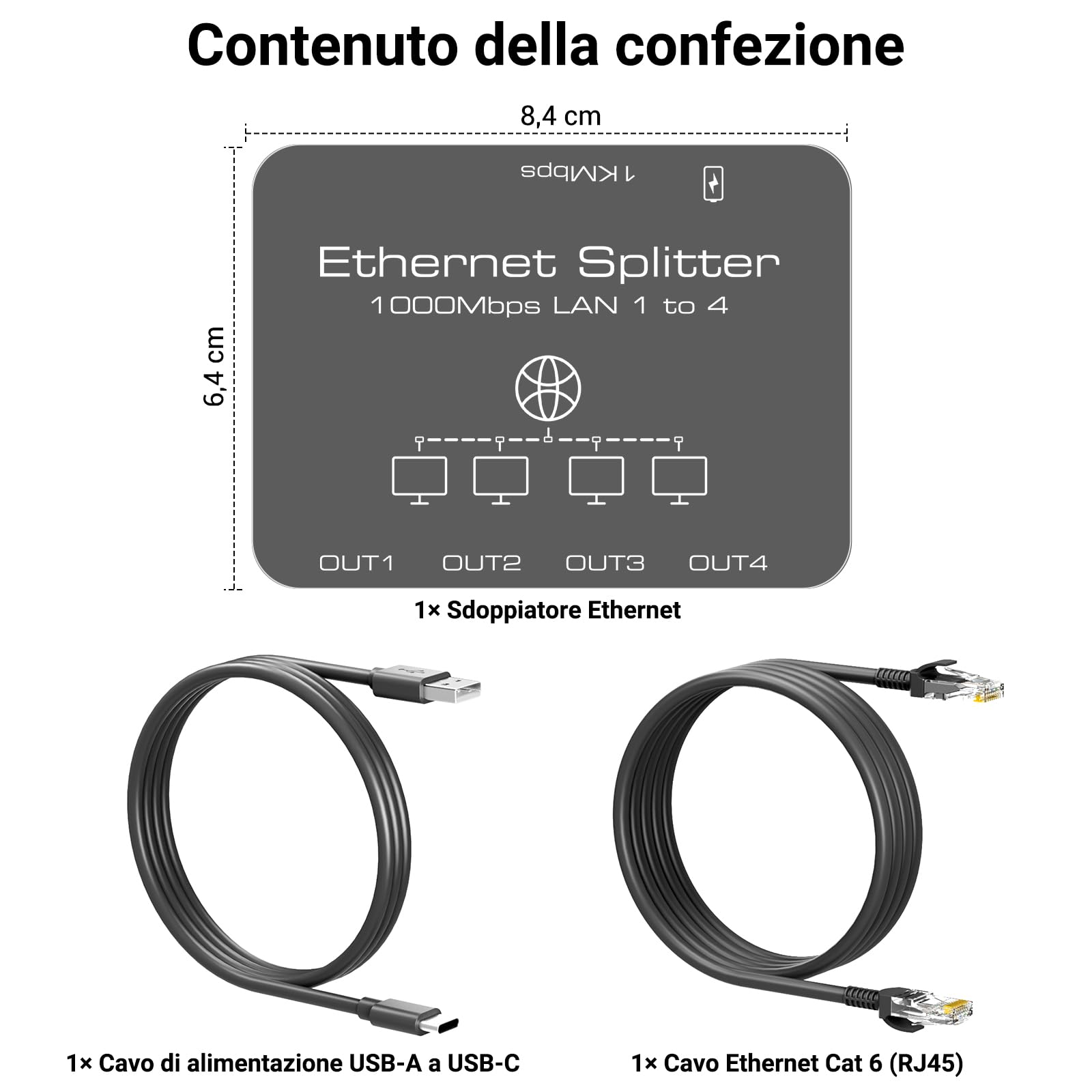 KiwiBird sdoppiatore ethernet 4 Porte Splitter ethernet 1000Mbps sdoppiatore Cavo LAN RJ45 gigabit Mini Switch 1 Ingresso 4 uscite per Cat 8 7 6 5e 5 Compatibile con Router Fibra Ottica PC TV Box PS5