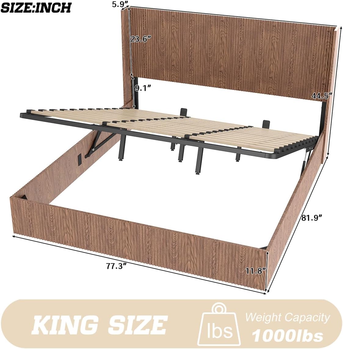 Lift Up Storage Bed King Size, Wooden Platform Bed Frame with Natural Wood Texture, Space-Saving Bed with Large Underneath Storage, Hydraulic Rod Lifting, No Spring Box Required