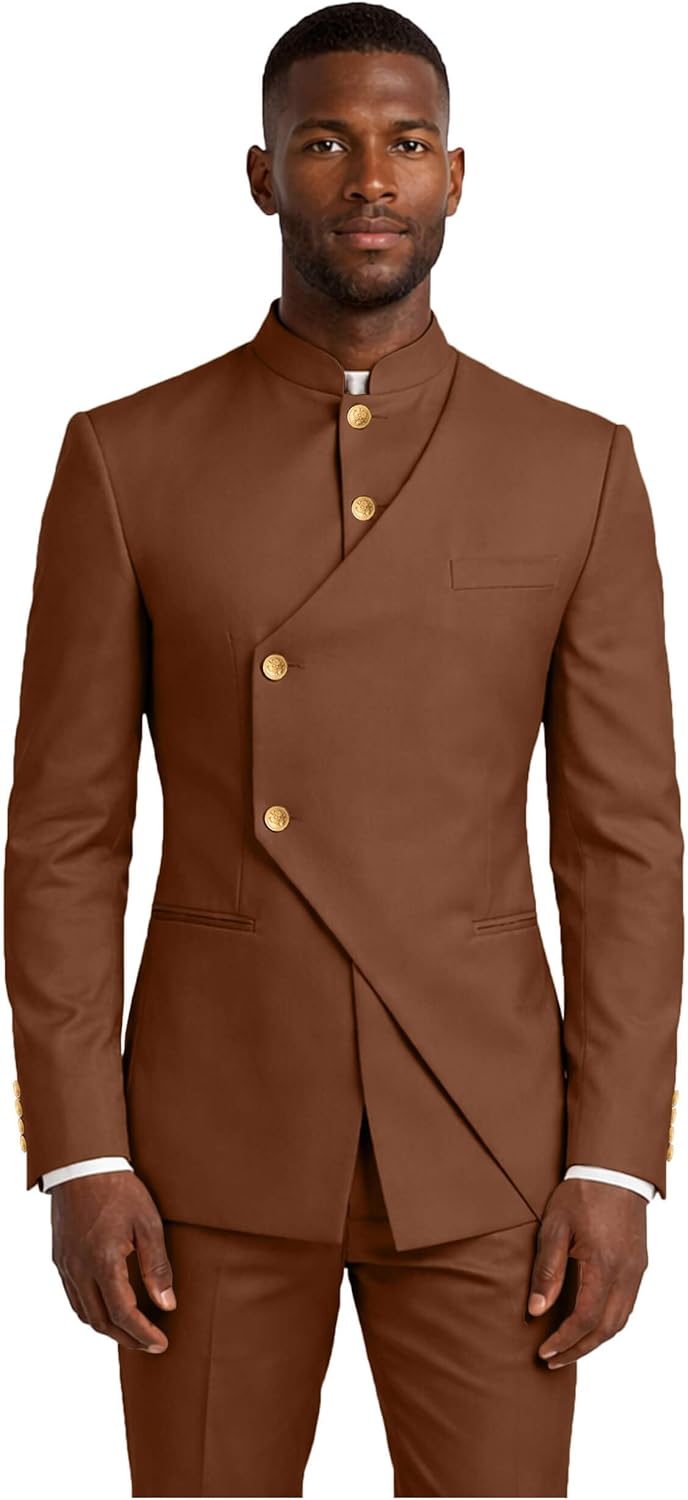 Men's Mandarin Collar Suit Jacket - Slim Fit Double Breasted Blazer with Gold Button, Formal Wedding & Party Wear