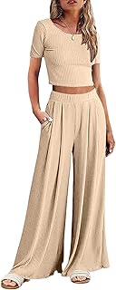 Lounge Sets for Women Knit Pajama Set Short Sleeve Top and Wide Leg Pants Loungewear with Pockets,Khaki,L