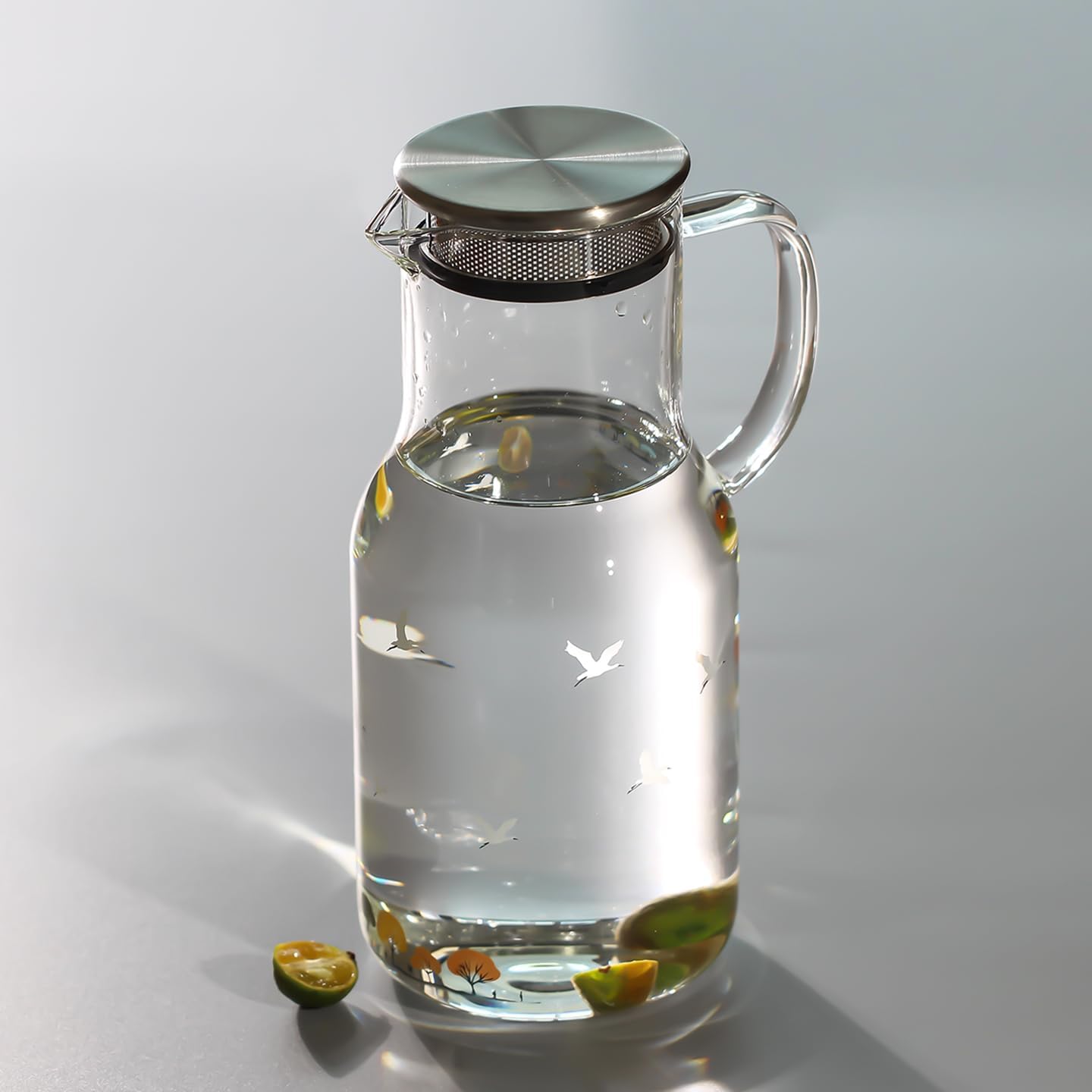 Glass Pitcher with Lid and Handle, Clear Glass Water Carafe with Bird and Tree Design, Decorative Beverage Jug with Strainer