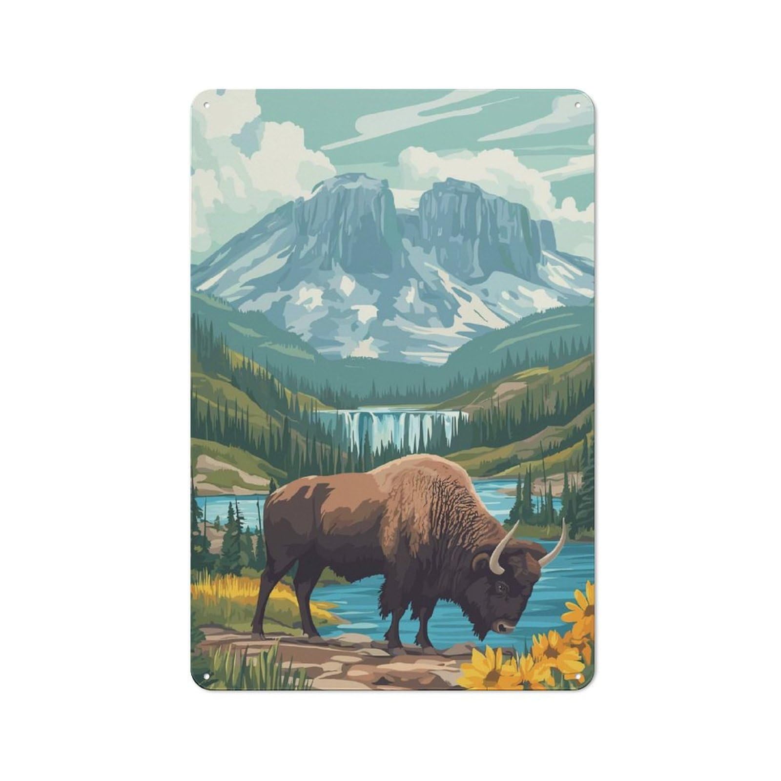 Junmoney Style-19 For Hobby Room Or Studio, Bison By Waterfall Retro Metal Sign 30X20cm, A Decorative Gift For A Newly Furnished Hobby Room And Studio