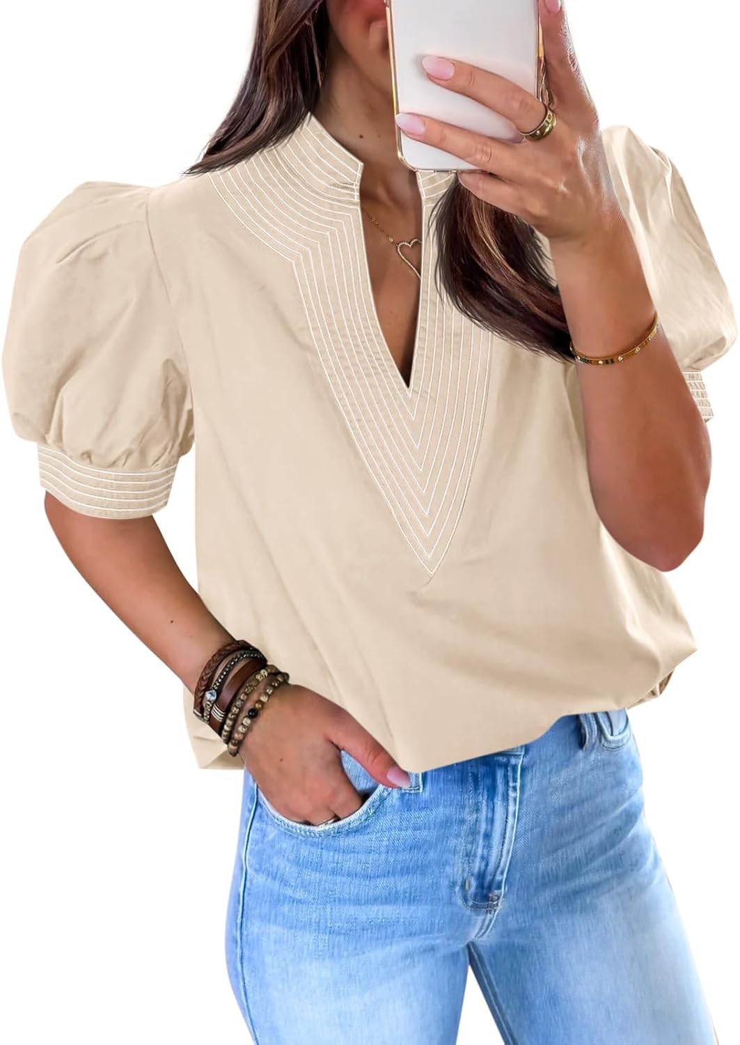 Cicy Bell Womens Puff Short Sleeve Blouses Summer Casual Dressy V Neck Contrast Stitch Tops Loose Fit Shirts