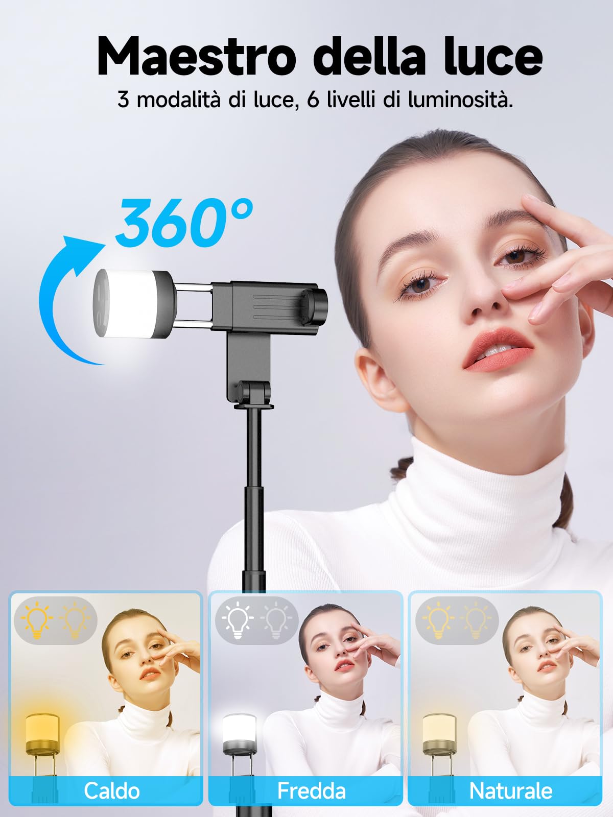 Moman Selfie Stick Treppiede con Luce di Riempimento, Q12S Treppiede Portatile Supporto per Telefono 77CM Supporto in Alluminio per Smartphone