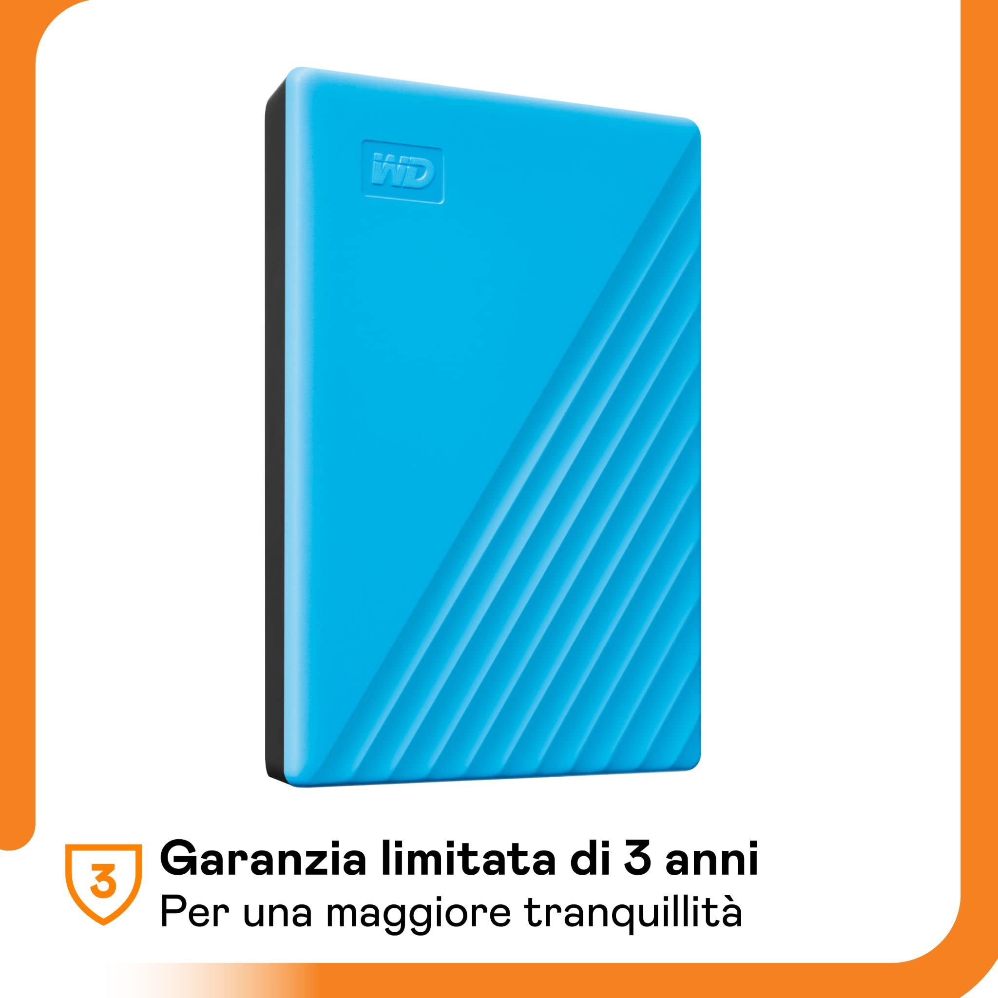 WD 2TB My Passport Hard Disk Esterno Portatile, USB 3.2 Gen 1/USB 3.0, Protezion con password, Software per la gestion e il backup, Formatto per Windows, ChromeOS and MacOS, Blu