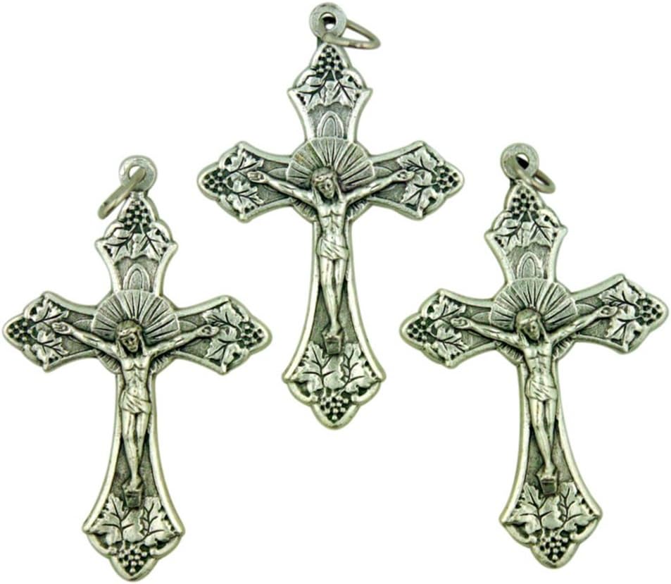 Lot of 3 Silver Plate Grapes and Wheat Cross 1 1/2 Eucharist Crucifix Pendant