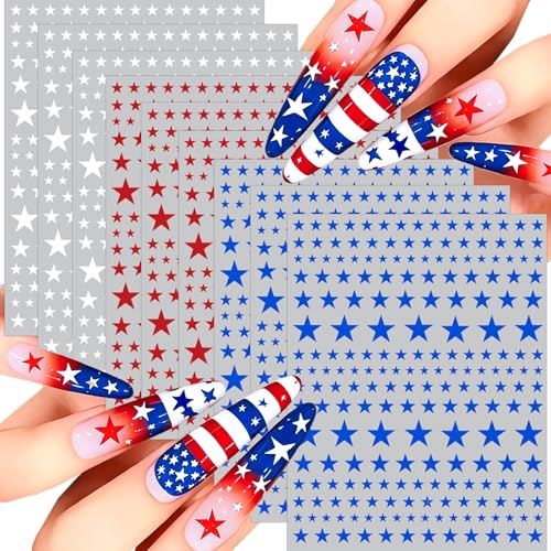 9 Sheets 4th of July Nail Stickers Patriotic Red White and Blue Star Nail Decals Self-Adhesive Star Nails Stickers for Independence Day Memoria Day DIY Manicure Decorations for Women
