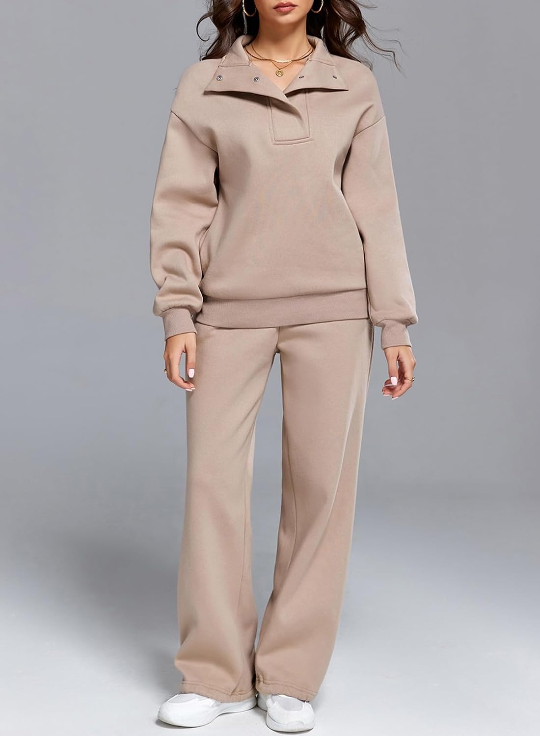 Aleumdr Womens 2 Piece Outfits Fleece Sweatsuit Lounge Set Snap Button Long Sleeve Sweatshirt with Wide Leg Sweatpants