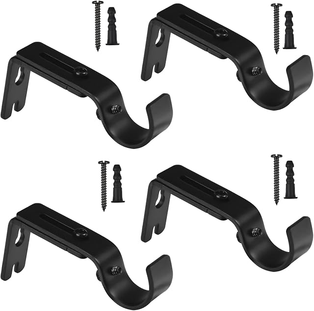 Fodlon 4Pcs Adjustable Curtain Rod Brackets with Screws, Heavy Duty Metal Curtain Pole Holder, Wall Bracket Hooks for Curtain Rod, Curtain Bar Brackets for Home Bedroom Office Curtain Pole (Black)