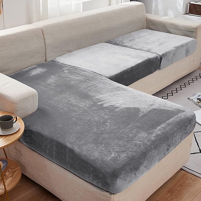 Stretch Sofa Cushion Covers, Rosnek Velvet Sofa Cover 2 Seater, Non-Slip Couch Slipcovers Replacement, Elastic Sofa Seat Cushion Furniture Protector with Elastic Bottom, Grey