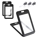 3 Pack ID Badge Holder with Plastic Clip, Double-Sided Clear Vertical Badge Holder Hard Black Name Badge Holders Card Protector Pouch Plastic Case for Office School ID Credit Cards