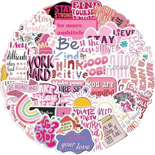 50pcs Pink Motivational Stickers for Girl, Inspirational Words Waterproof Vinyl Decal for Teen Kids Student Water Bottle Laptop Phone Journaling Scrapbook Luggage Notebook (Positive Affirmation Quote)