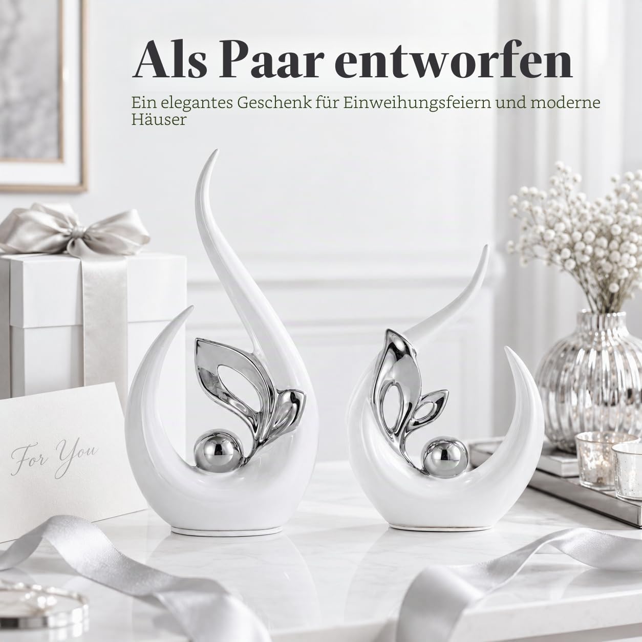 XMGZQ Weiß und Silber Keramik Statue Satz von 2,Moderne Abstrakte Skulptur Design,24 cm Porzellan Figuren Haus Deko,Tischdekoration für Wohnzimmer,Schlafzimmer,Esszimmer,Büro,Kunststatue